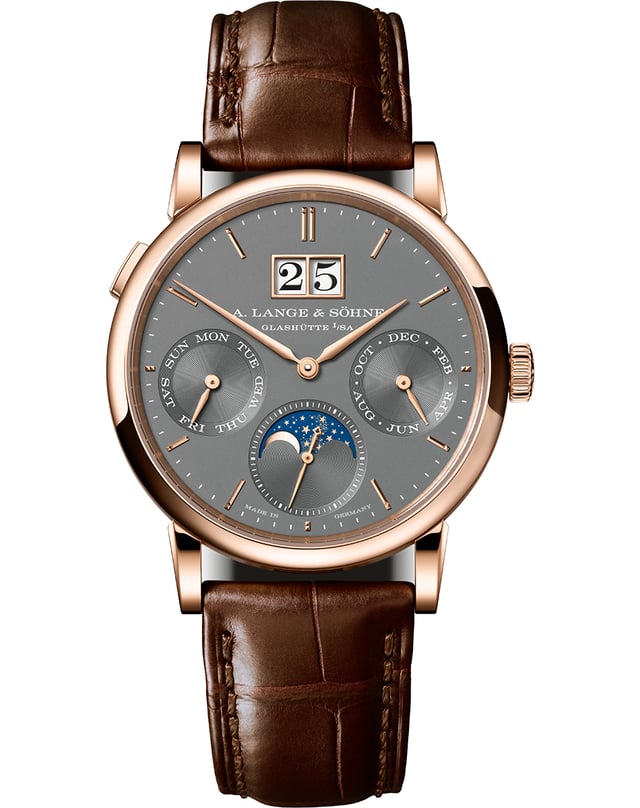 A. Lange & Söhne – Saxonia Jahreskalender, komplizierte und elegante Uhr aus Gold mit Lederband 
