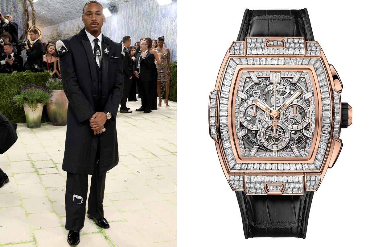 Justin Jefferson – Hublot Spirit of Big Bang High Jewelry King Gold 42 mm, besetzte Luxusuhr auf der Met Gala