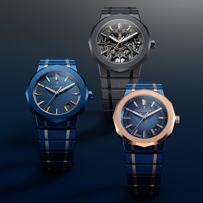 Corum Admiral Ceramic Titanium Blue, Skeleton und Bicolor: drei Uhren