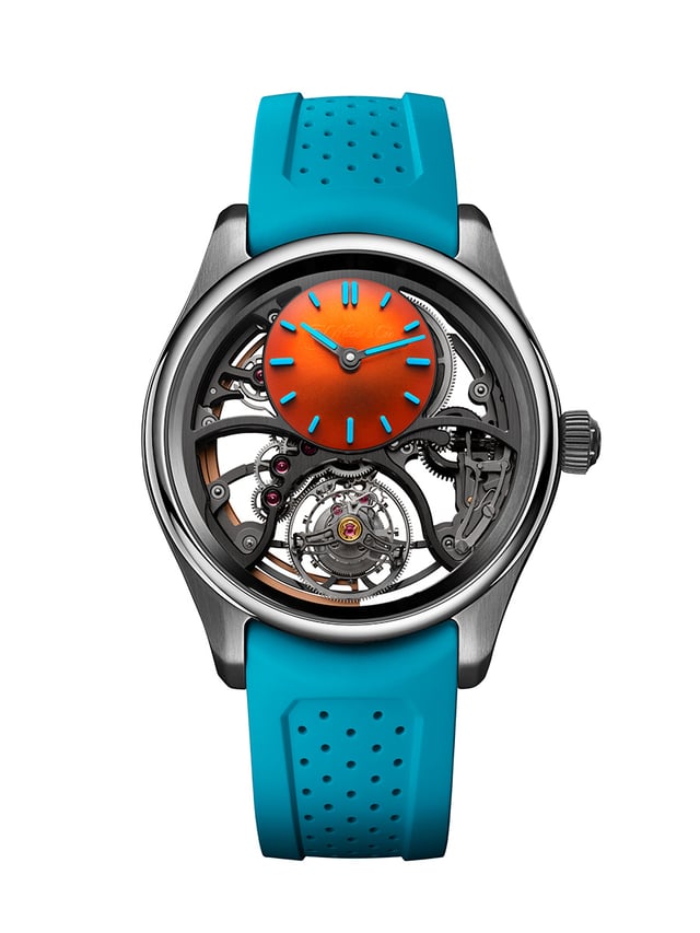H. Moser & Cie. Pioneer Cylindrical Tourbillon Skeleton ST Spiced Aqua, Uhr von vorne