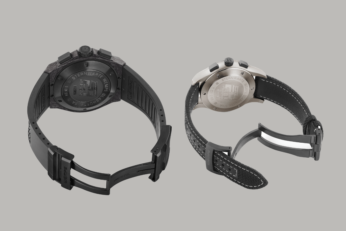 Rückseite der Wempe Iron Walker Chrono XL Carbon Model 24h Nürburgring Edition und der Zeitmeister Chrono 42 