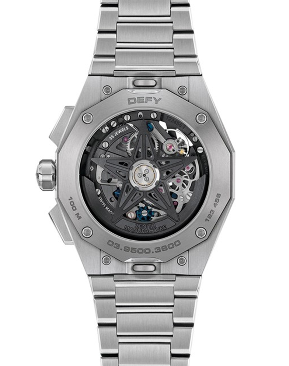 Zenith Defy Skyline Chronograph Skeleton gibt den Blick auf das Uhrwerk El Primero 3620SK auch durch den Gehäuseboden frei.