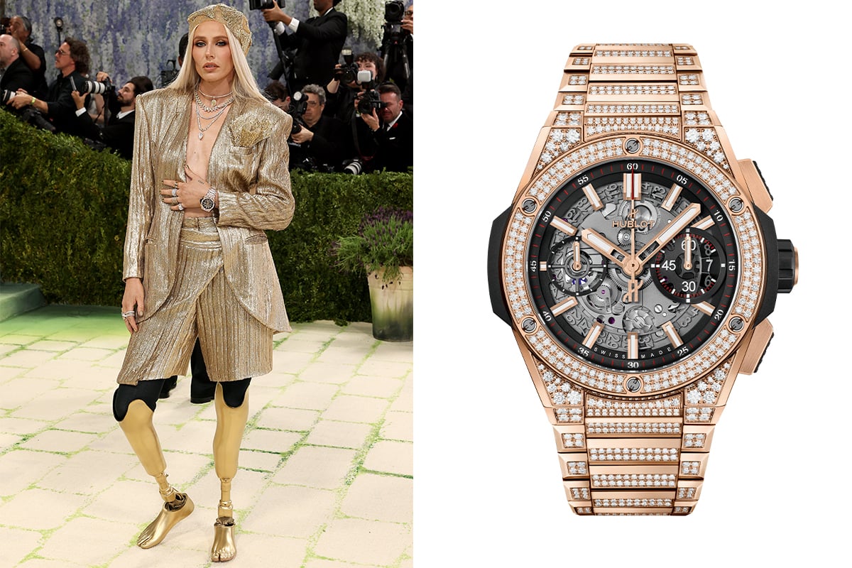 Lauren Wasser – Hublot Big Bang Integrated King Gold Pavé 42 mm, Luxusuhr bei der Met Gala