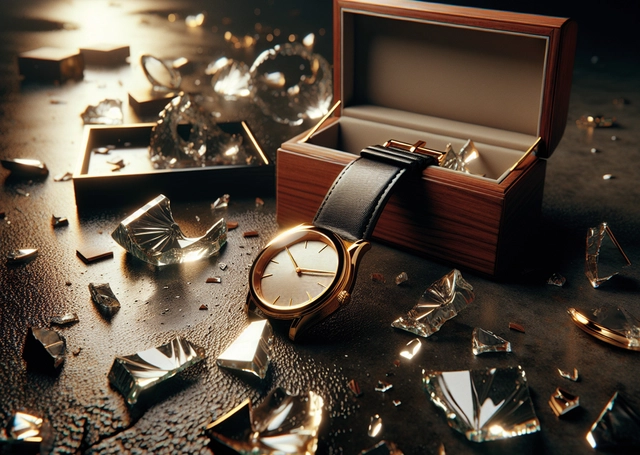 Uhr mit zerbrochener Box nach Schandensfall