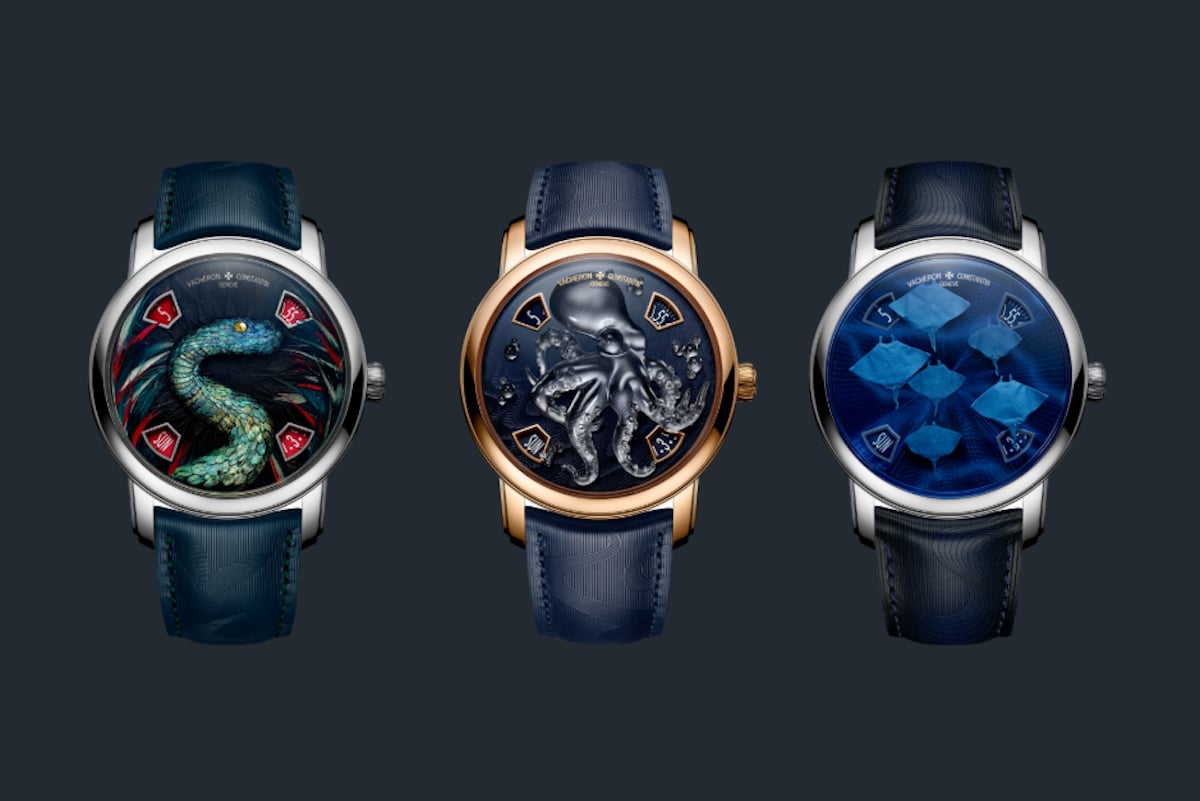 Drei versionen der Vacheron Constantin Métiers d'Art Tribute to the Animal Kingdom, Front, Zifferblatt