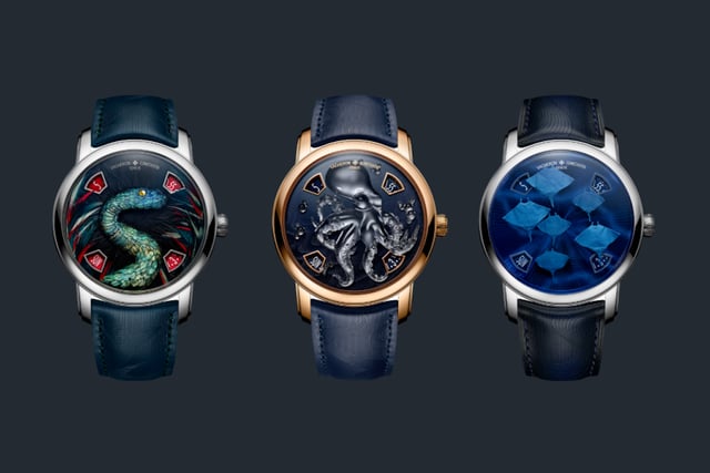 Drei versionen der Vacheron Constantin Métiers d'Art Tribute to the Animal Kingdom, Front, Zifferblatt
