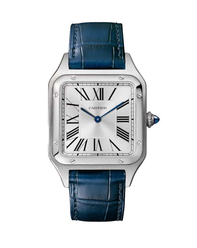 Cartier – Santos-Dumont, Dresswatch aus Edelstahl mit blauem Lederband