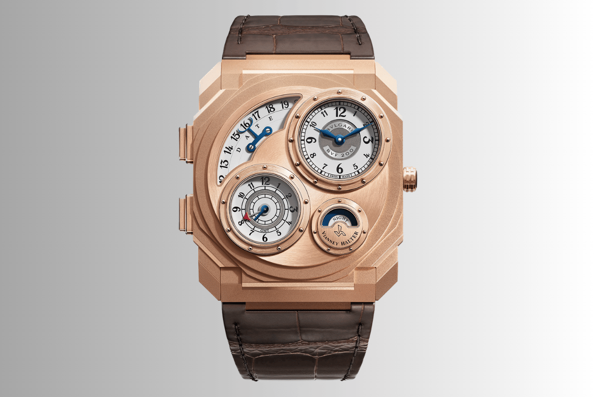 front der rosegoldfarbenen Bulgari Octo Finissimo Dual Time x Vianney Halter