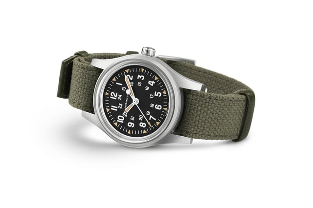 Hamilton Khaki Field Mechanical 36mm, Uhr mit Khakiband und schwarzem Zifferblatt