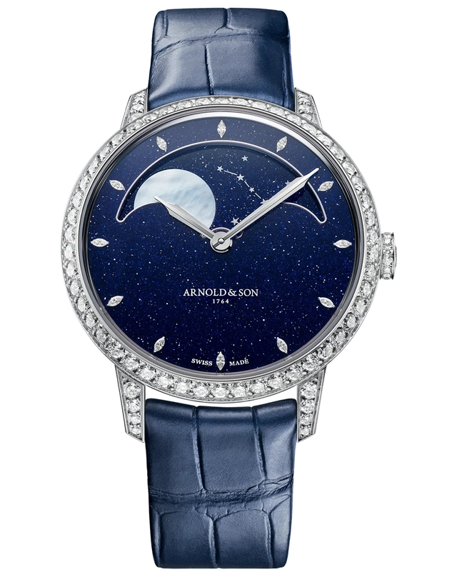 Arnold & Son – Perpetual Moon 38 White Gold Aventurine, elegante Damenuhr mit Diamantbesatz