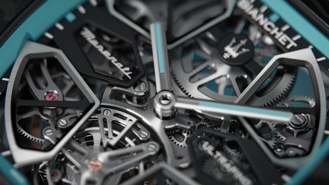 Detailansicht des Zifferblattes der Bianchet UltraFino Maserati