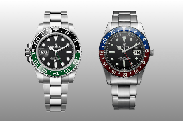 Zwei Versionen der Rolex GMT-Master II, Front, Armband, Edelstahl, Weißgold