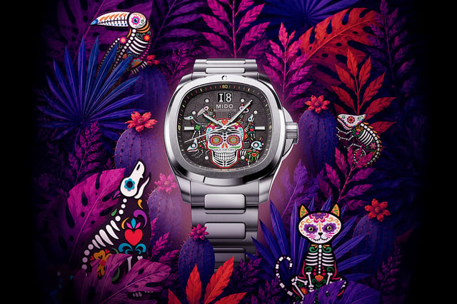 Mido Multifort TV Big Date Día de los Muertos Alebrijes Special Edition: Uhr vor buntem Hintergrund