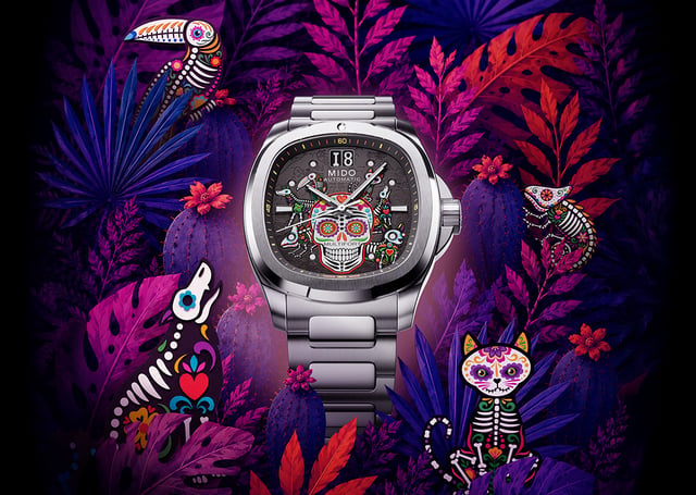 Mido Multifort TV Big Date Día de los Muertos Alebrijes Special Edition: Uhr vor buntem Hintergrund