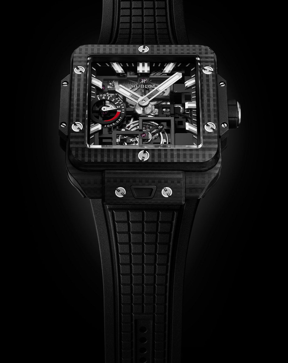 Hublot – Square Bang Tourbillon 4-Day Power Reserve, schwarze Uhr mit Kautschukband