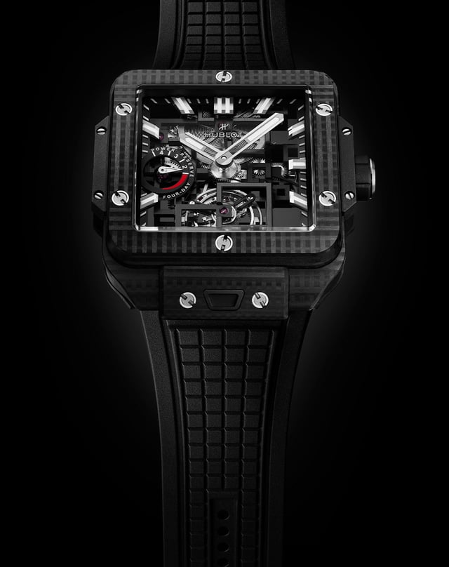 Hublot – Square Bang Tourbillon 4-Day Power Reserve, schwarze Uhr mit Kautschukband