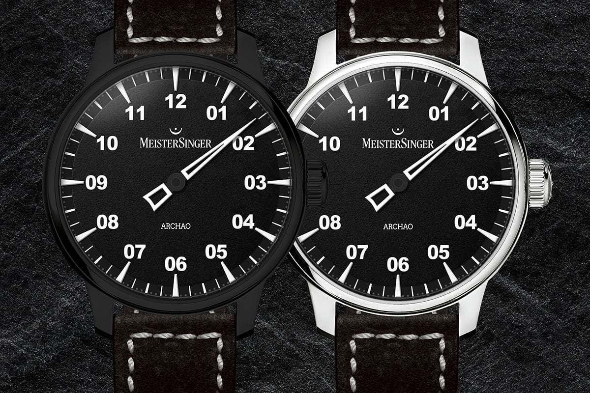 Meistersinger Archao Edelstahl, ref. AR902 BL und AR902, zwei Uhren im Close-up