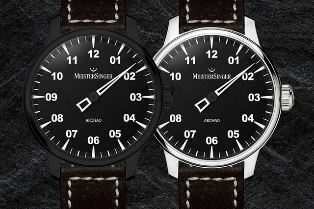 Meistersinger Archao Edelstahl, ref. AR902 BL und AR902, zwei Uhren im Close-up