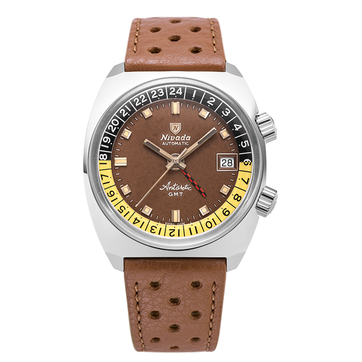 Nivada Grenchen Antarctic GMT: GMT-Uhr mit braunem Band und Zifferblatt
