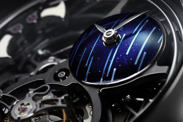 Nahaufnahme, Zifferblatt, Detail der H. Moser Endeavour Minute Repeater Cylindrical Tourbillon Skeleton Cosmic Rain