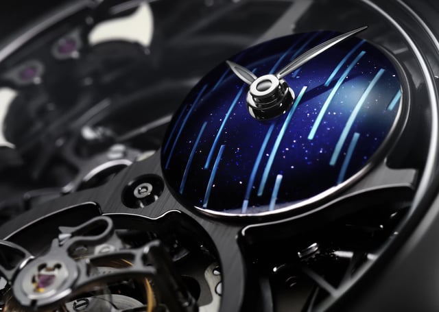 Nahaufnahme, Zifferblatt, Detail der H. Moser Endeavour Minute Repeater Cylindrical Tourbillon Skeleton Cosmic Rain