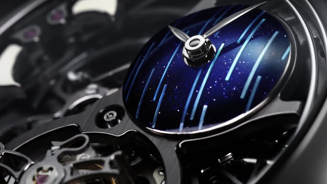 Nahaufnahme, Zifferblatt, Detail der H. Moser Endeavour Minute Repeater Cylindrical Tourbillon Skeleton Cosmic Rain