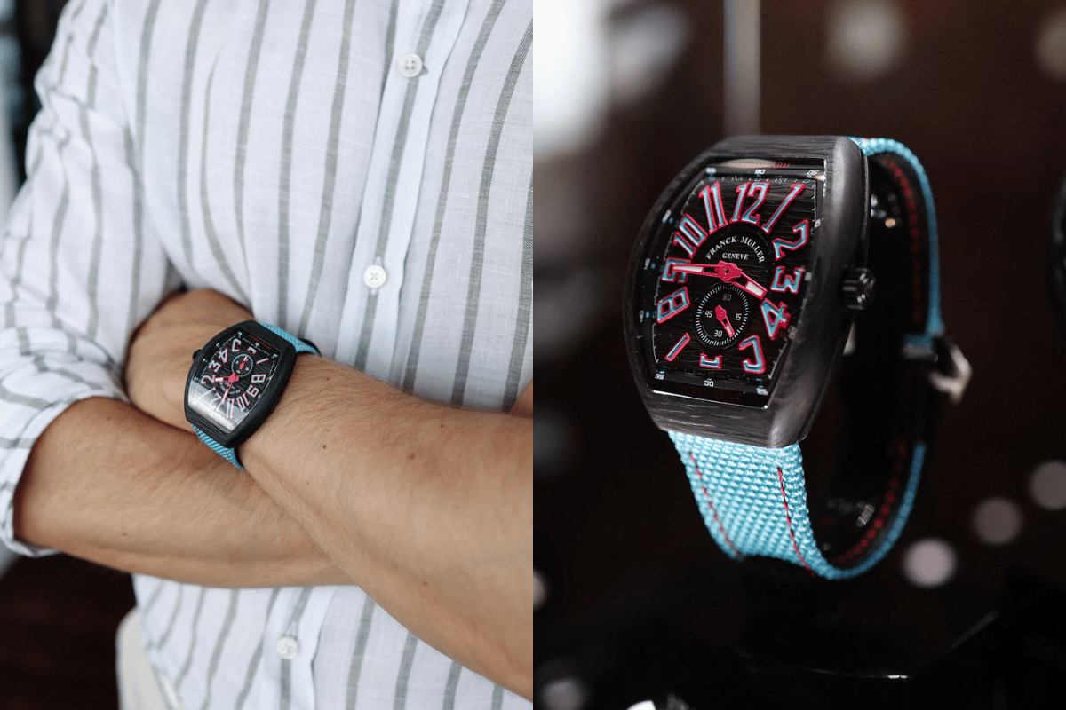 Die Franck Muller Vanguard Ocean Drive am Handgelenk, Vitrine
