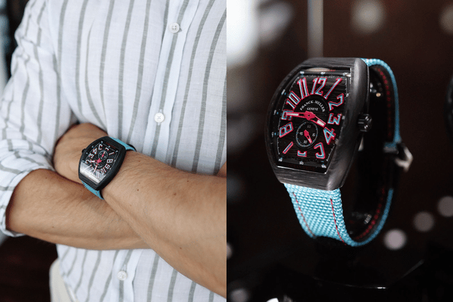 Die Franck Muller Vanguard Ocean Drive am Handgelenk, Vitrine