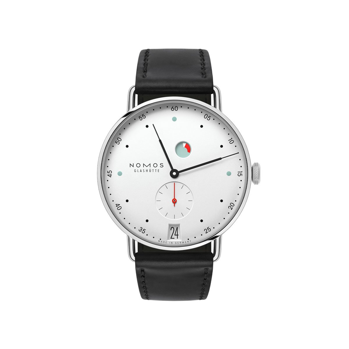 Nomos: Metro Datum Gangreserve mit weißem Zifferblatt und Kaliber DUW 4701