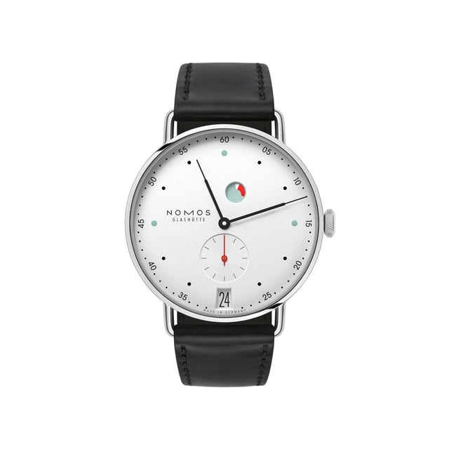 Nomos: Metro Datum Gangreserve mit weißem Zifferblatt und Kaliber DUW 4701