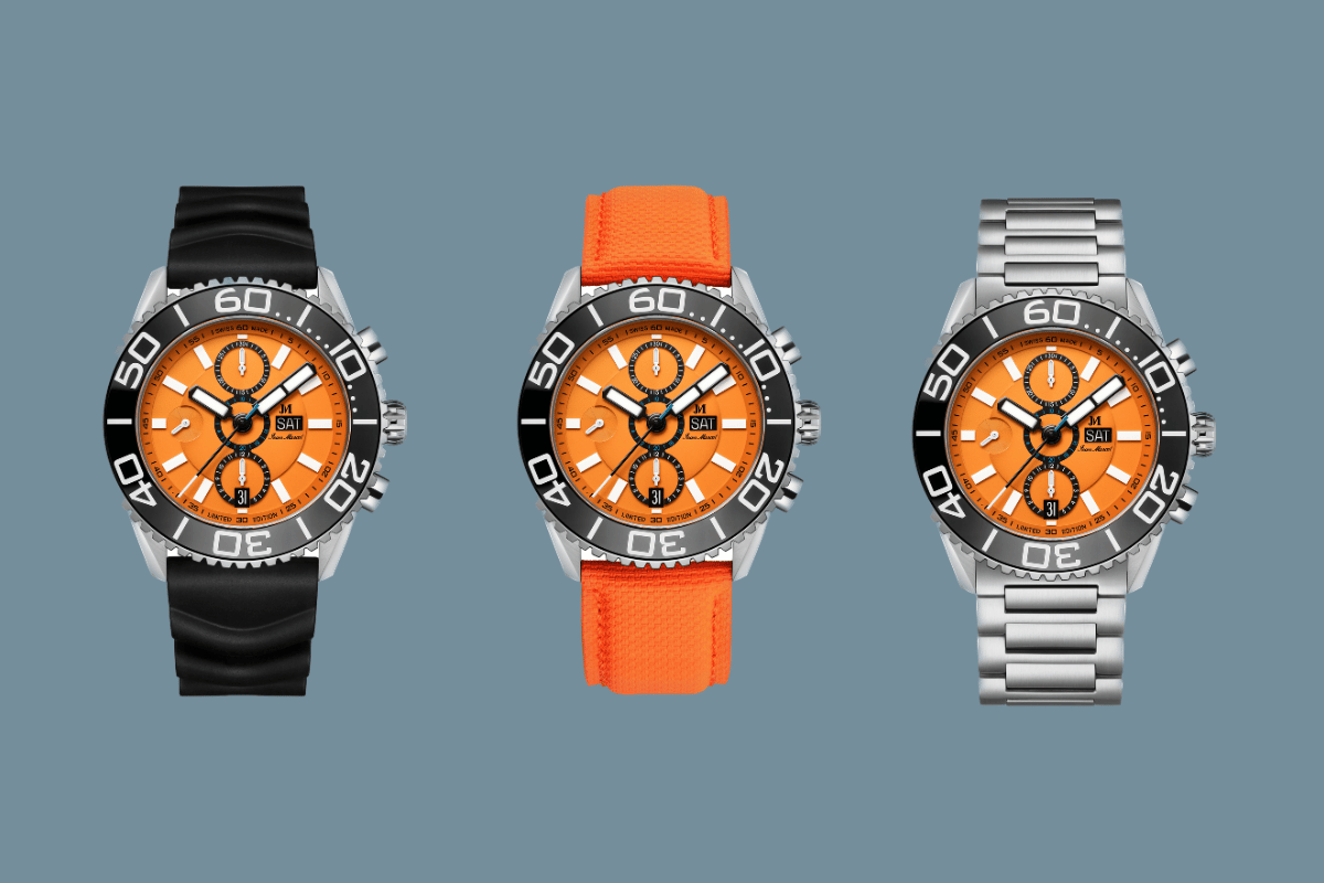 Die drei Armbandoptionen des Jean Marcel Titan Chronograph Maris Ti500 Serie Maris Ti500 Vertical Limit