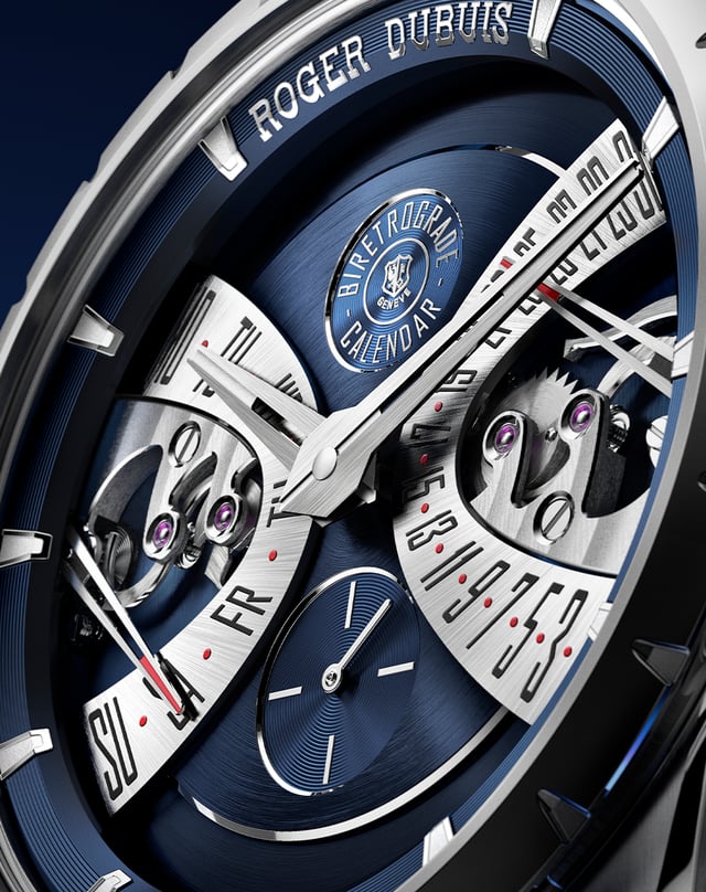 Roger Dubuis – Excalibur Biretrograde Calendar Cosmic Blue, Edelstahluhr mit Automatikkaliber, blauem Zifferblatt und Kalenderfunktion