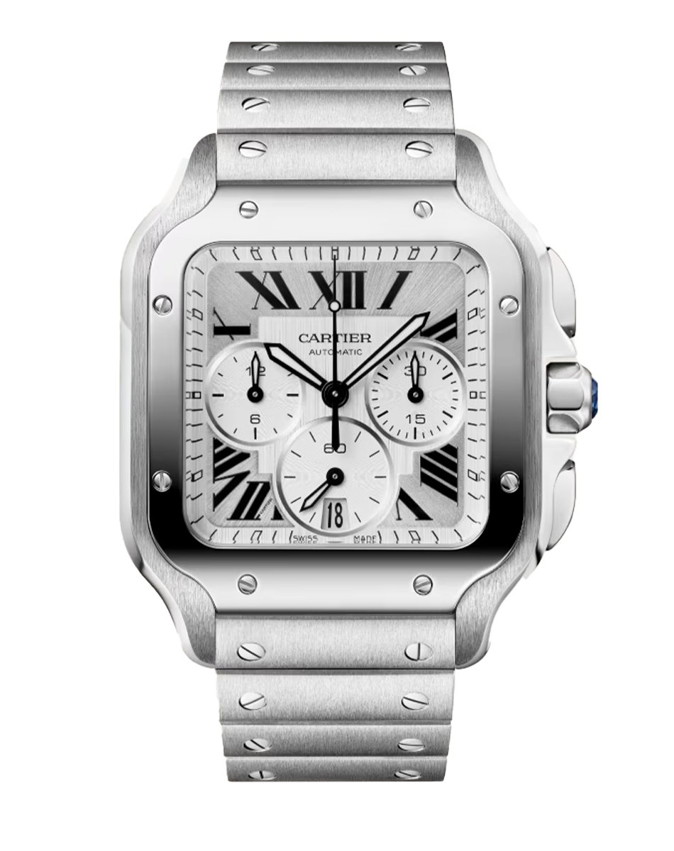 Cartier – Santos de Cartier Chronograph, Chronograph aus Stahl mit Automatikwerk und integriertem Band