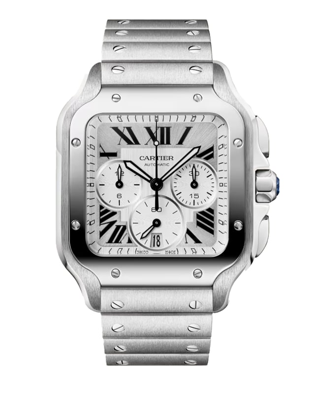 Cartier – Santos de Cartier Chronograph, Chronograph aus Stahl mit Automatikwerk und integriertem Band