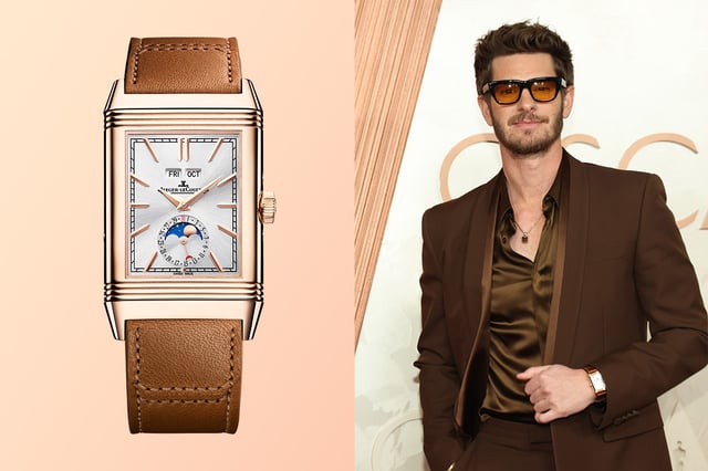 Andrew Garfield mit der Jaeger-LeCoultre Reverso Tribute Duoface Calendar aus Rotgold (700/1000)