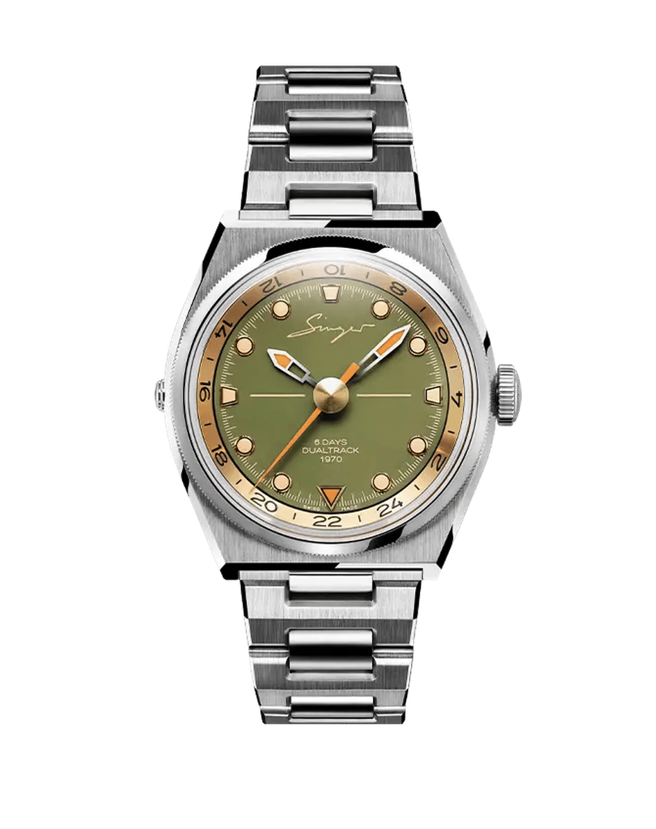 Singer Reimagined – 1970 DualTrack, Handaufzugsuhr aus Edelstahl mit grünem Zifferblatt und GMT-Funktion