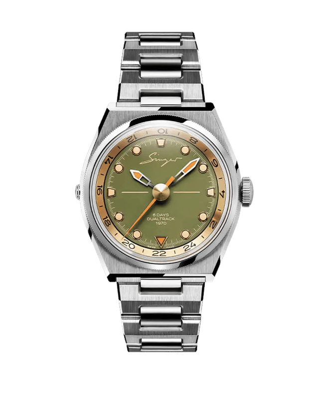 Singer Reimagined – 1970 DualTrack, Handaufzugsuhr aus Edelstahl mit grünem Zifferblatt und GMT-Funktion