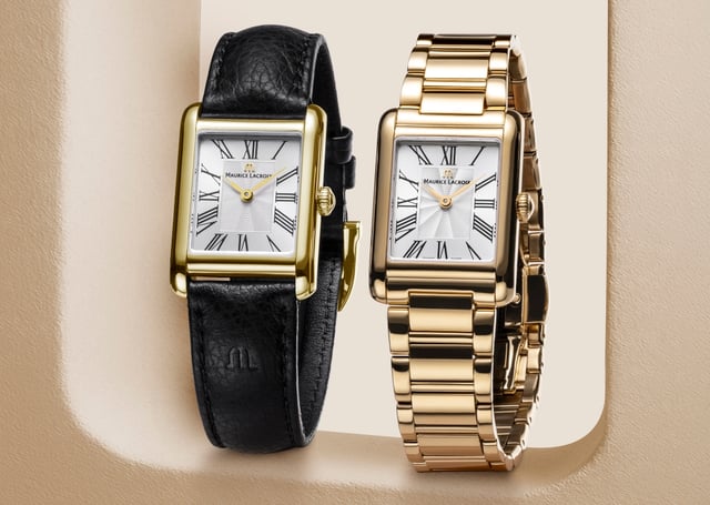 Uhren der Maurice Lacroix Fiaba-Square-Kollektion mit Edelstahl- und Kalbslederarmband