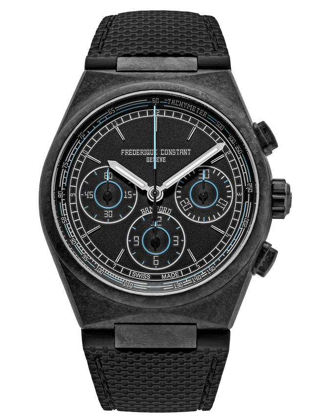 Frederique Constant Bamford Highlife Chronograph, Referenz FC-391BBL4NH1C, Uhr mit dunklem Textilband vor weißem Hintergrund