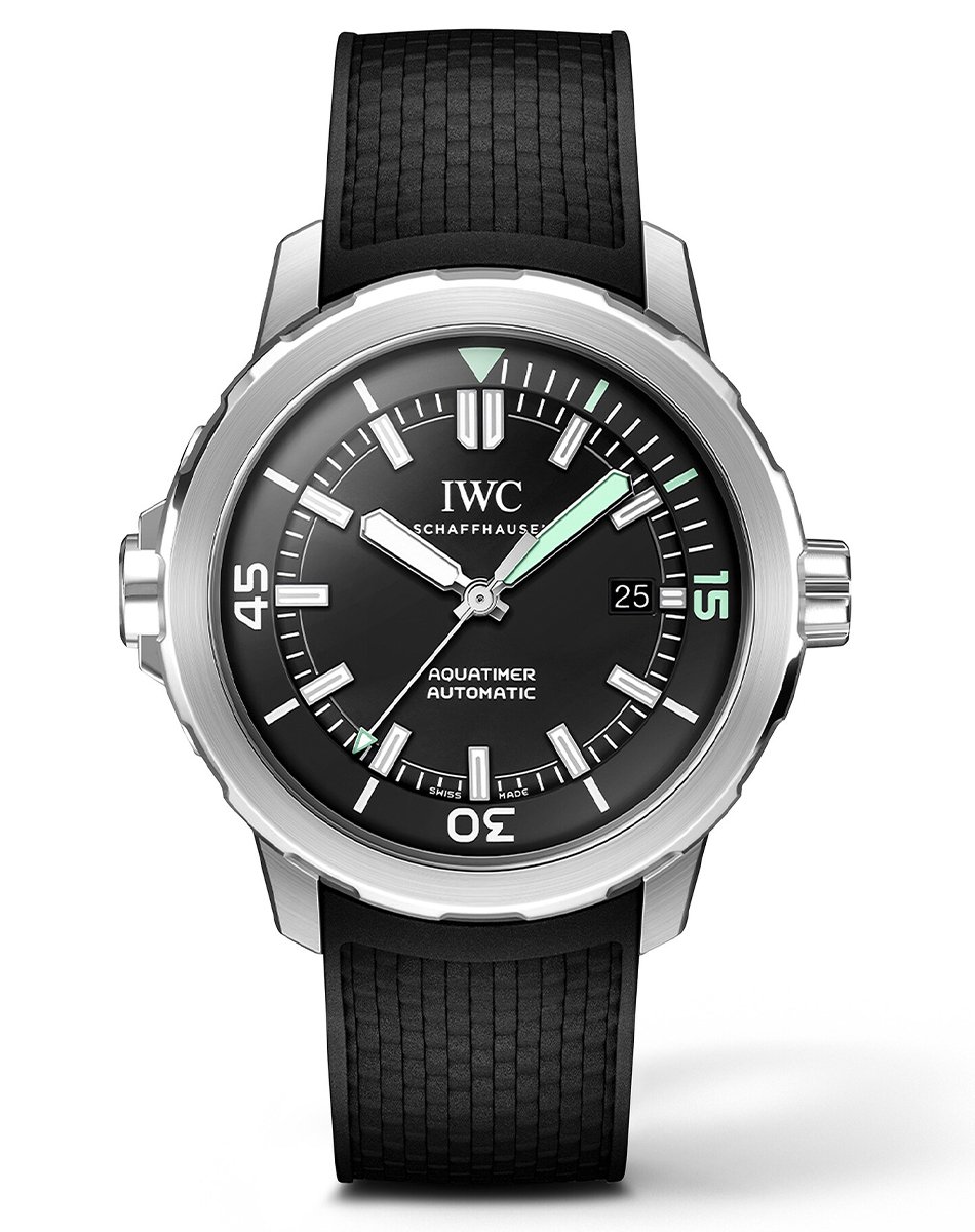IWC Aquatimer, Taucheruhr aus Edelstahl mit Automatikwerk, schwarzem Zifferblatt und Kautschukband