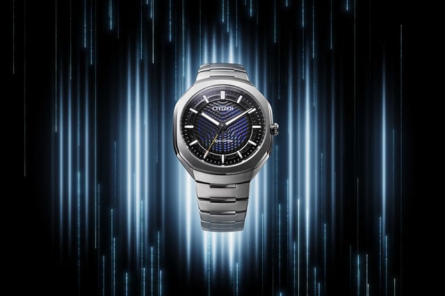 Citizen Eco Drive Photon, Ref. BJ6560-53W eine Uhr vor dunklem Hintergrund