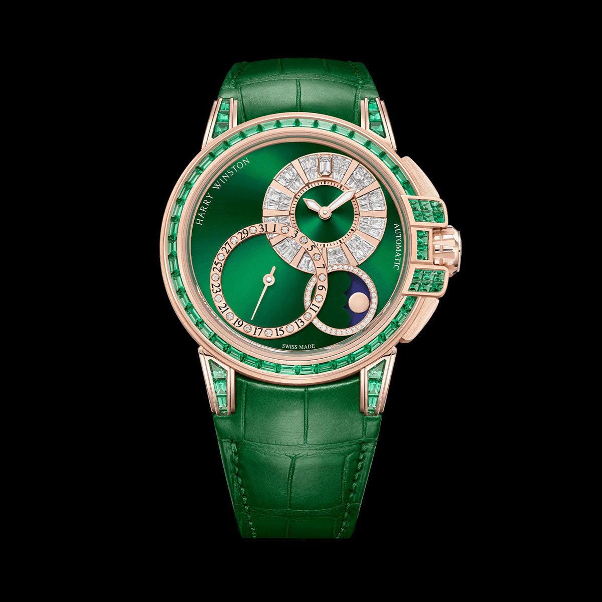 Harry Winston: Ocean Date Moonphase Baguette Automatic 42 mm in Roségold