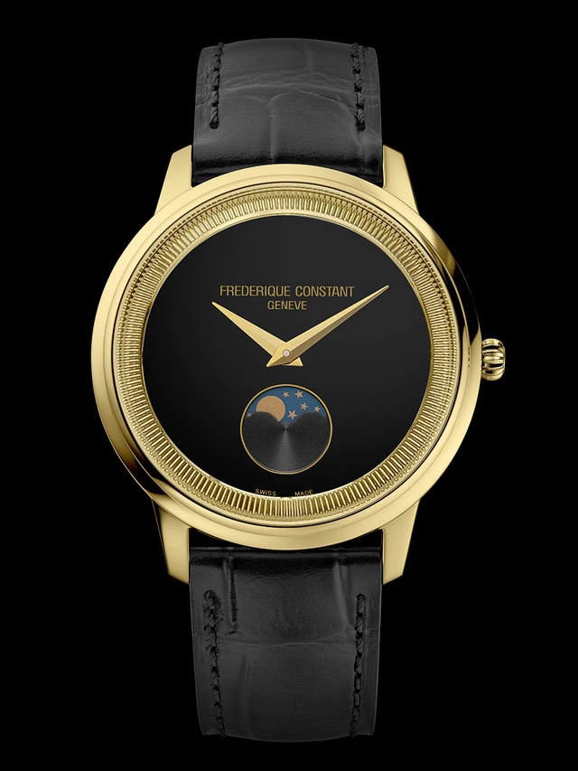 Frederique Constant Classics Moneta Moonphase, Schwarze Uhr mit goldfarbenem Gehäuse vor dunklem Hintergrund