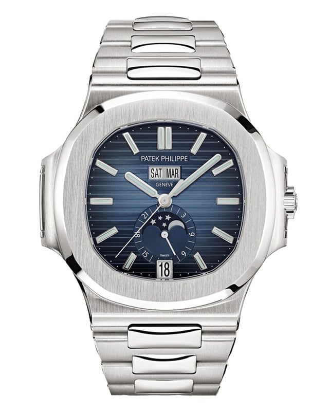 Patek Philippe – Nautilus, Stahlsportuhr mit integriertem Band, Automatikwerk und blauem Zifferblatt