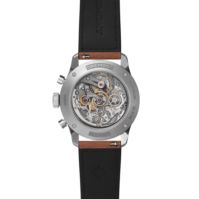 Bremont Altitude Chronograph Pulsograph, Gehäuseboden mit Blick auf das Kaliber Valjoux 23