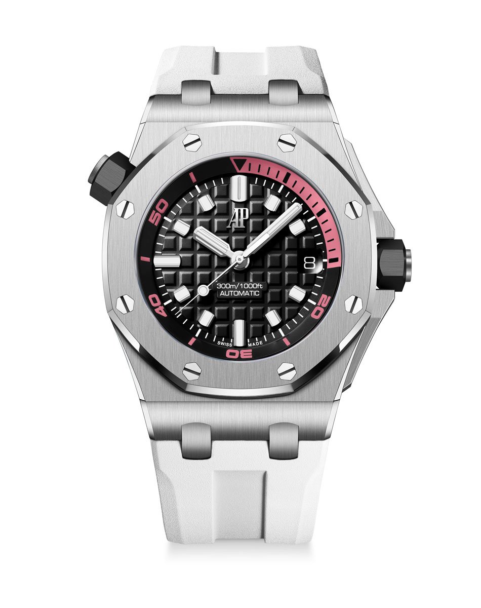 Audemars Piguet: Royal Oak Offshore Diver mit pinken Akzenten und weißem Armband