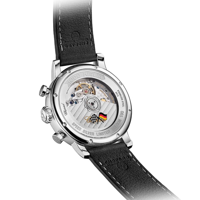 Chopard Mille Miglia Classic Chronograph in Speed Silver, Sichtboden in Saphirglas mit zwei gekreuzten Flaggen