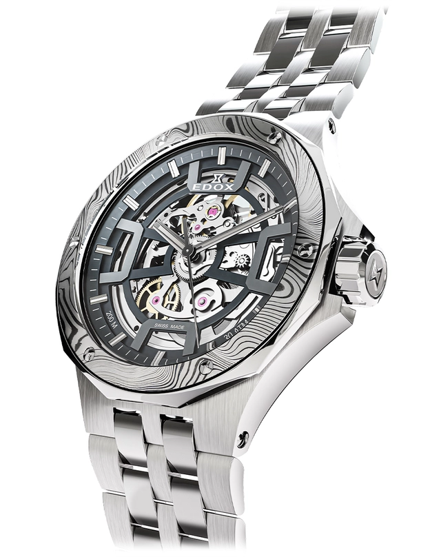 Edox – Delfin Mecano Damascus Steel Limited Edition, limitierte Taucheruhr mit skelettiertem Zifferblatt und Automatikwerk