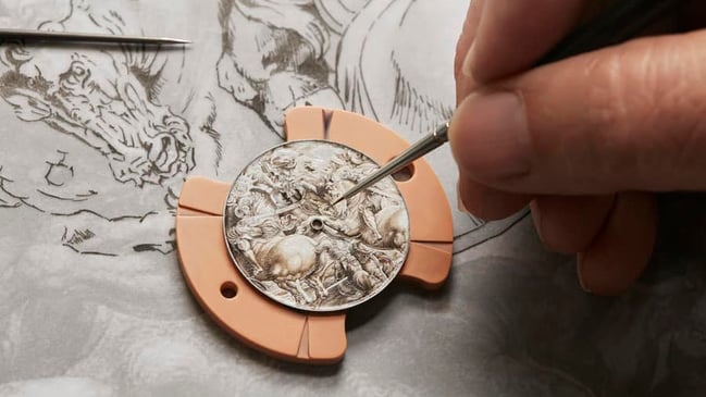 Vacheron Constantin: Gravur des Zifferblatt der Les Cabinotiers Hommage an Peter Paul Rubens "La Lutte pour l'étendard de la Bataille d'Anghiari"