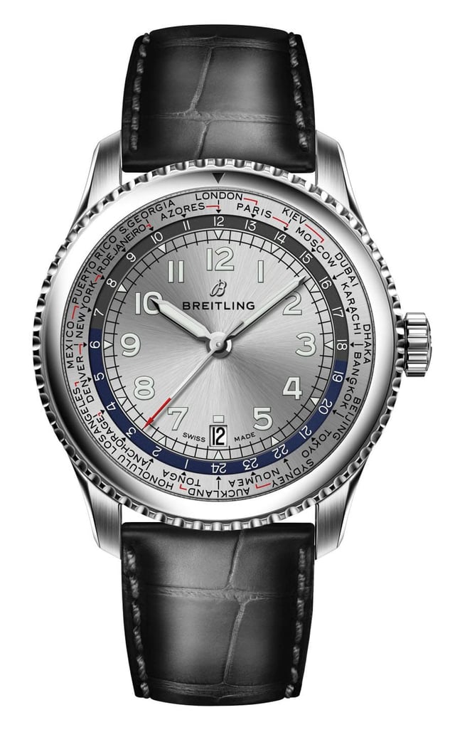 Die Breitling Aviator 8 Unitime zeigt die 24 ganzstündigen Standardzeitzonen inklusive etwaiger Sommerzeiten an (Edelstahl, 43 mm, Kaliber B35, Automatik, 7.400 Euro)
